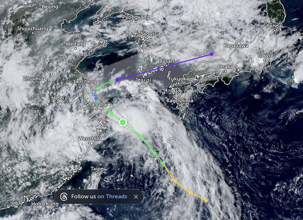 Bão Pulasan dự kiến đổ bộ vào miền đông Trung Quốc vào sáng sớm ngày 20/9 và sau đó quay trở lại Biển Hoa Đông. Ảnh: Zoom Earth.