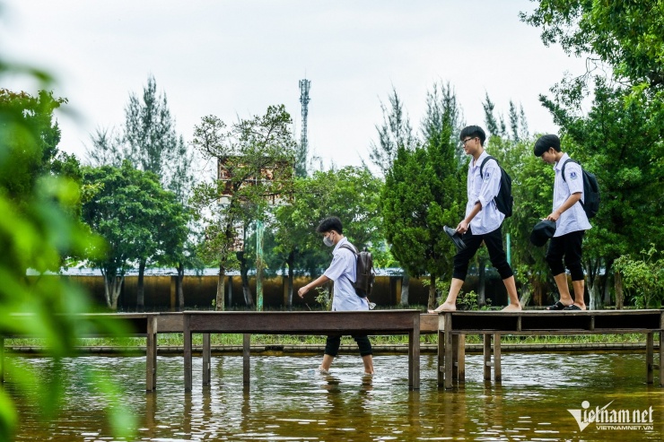 Em Hoàng Minh Tùng (nam sinh đeo kính), học sinh lớp 10A, Trường THPT Nguyễn Trãi, cho biết: “Em cảm ơn các thầy cô đã có sáng kiến giúp chúng em được tiếp tục đến trường học tập. Nhờ 'cây cầu' này, em đi từ cổng trường vào lớp không phải lội nước”.