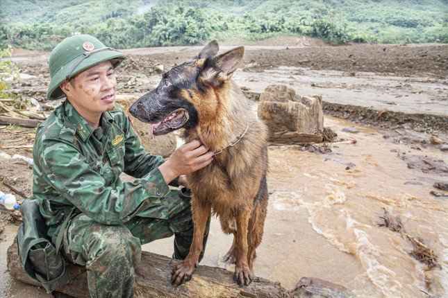 Thiếu tá Nguyễn Văn Hưởng cùng chú chó tên Vát tìm kiếm người mất tích tại thôn Làng Nủ Ảnh: Văn Chương