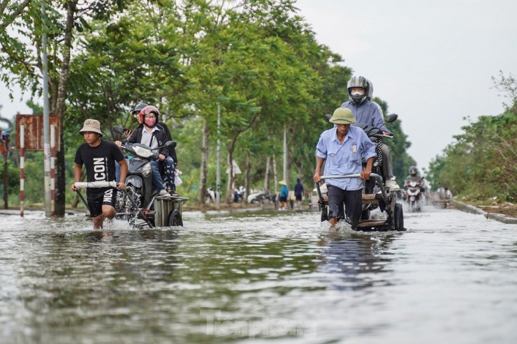 Đường gom Đại lộ Thăng Long ngập nặng sau bão, người dân phải thuê xe bò qua lại