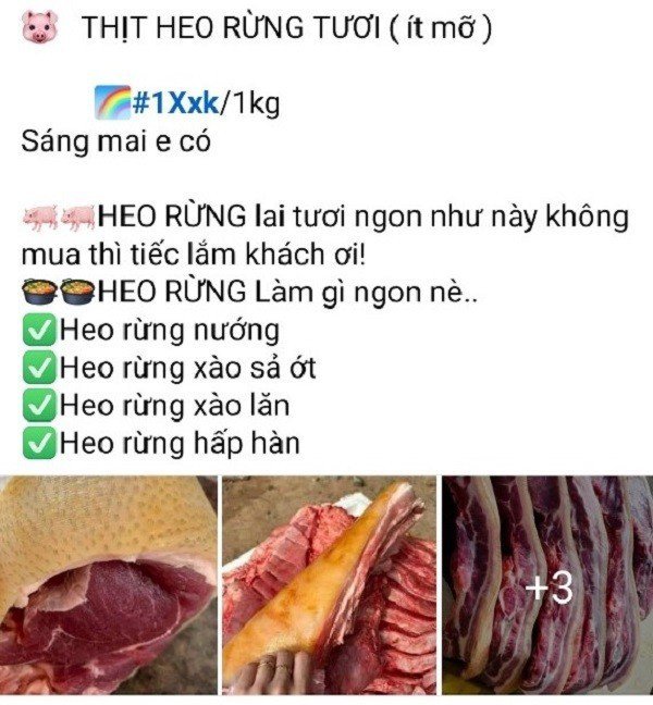 Một mẫu quảng cáo rao bán thịt heo rừng trên “chợ mạng”. Ảnh chụp màn hình.&nbsp;