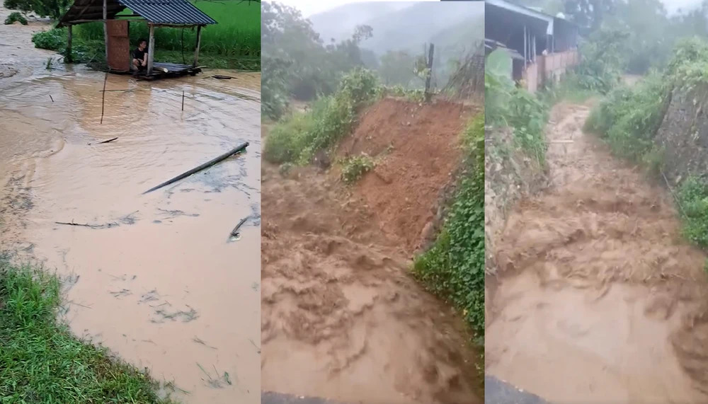 Mưa lũ chảy xuyên qua nhà của đồng bào tại xã Mường Chanh đang lúc một diễn biến phức tạp.