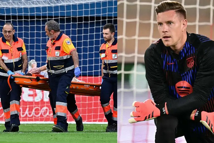 Ter Stegen rời sân trên cáng trong hiệp 1 trận Villarreal - Barcelona