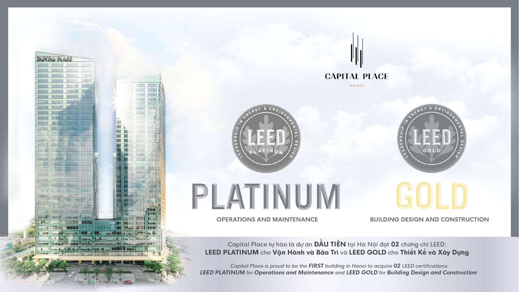 Capital Place đạt hai chứng chỉ gồm LEED Platinum cho Vận hành, Bảo trì và LEED Gold cho Thiết kế, Xây dựng. Ảnh: Capital Place