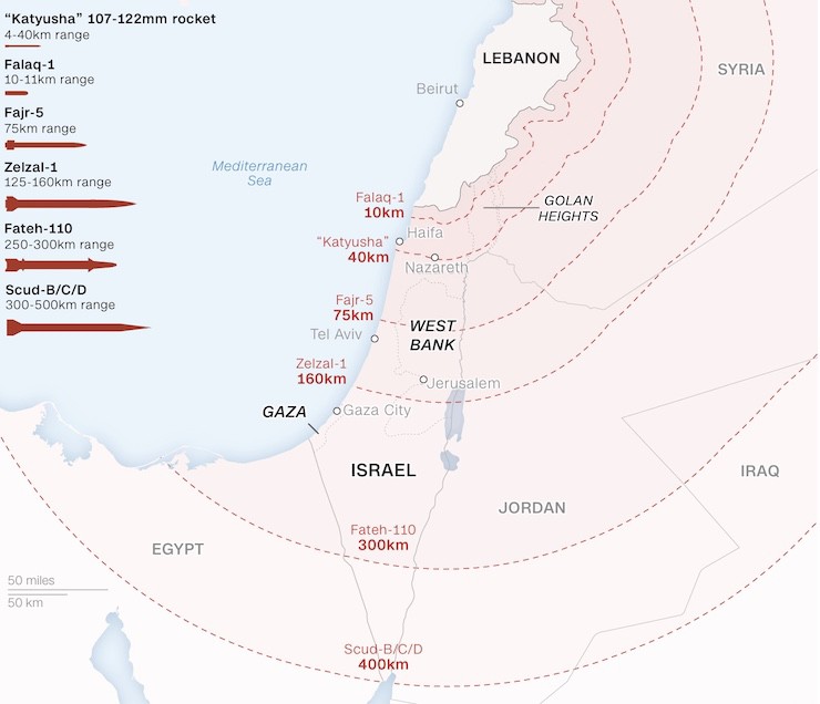 Hezbollah được cho là sở hữu tên lửa đạn đạo tầm bắn lên tới 500km, đủ để bao phủ toàn bộ lãnh thổ Israel. Đồ họa: CNN.