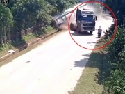 Xe máy - Xe đạp - Clip: Xe máy thoát nạn trong gang tấc tránh xe bồn nổ lốp khi ôm cua