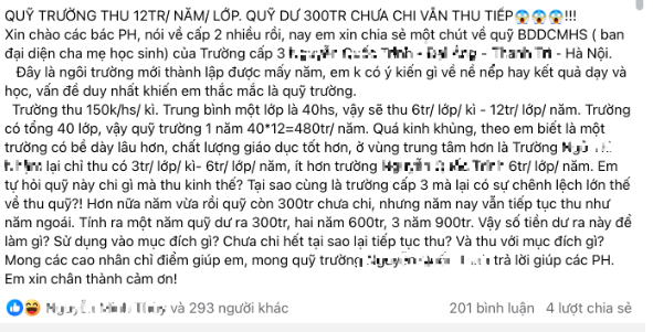 Chia sẻ của phụ huynh trên mạng xã hội về quỹ lớp, quỹ trường.