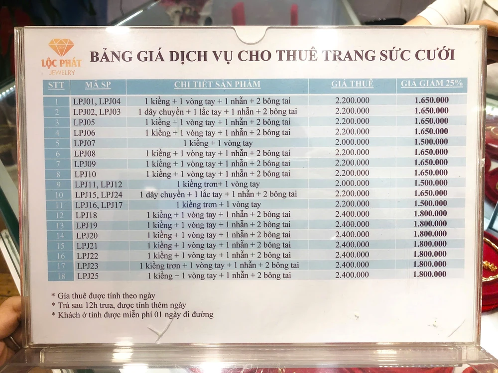 Bảng giá dịch vụ cho thuê vàng cưới tại một cửa hàng trang sức thuộc công ty TNHH Trang Sức Kim Lộc Phát. Ảnh: MINH THƯ