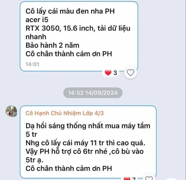 Tin nhắn giáo viên chủ nhiệm lớp 4/3 gửi cho phụ huynh học sinh. Ảnh: CHỤP MÀN HÌNH