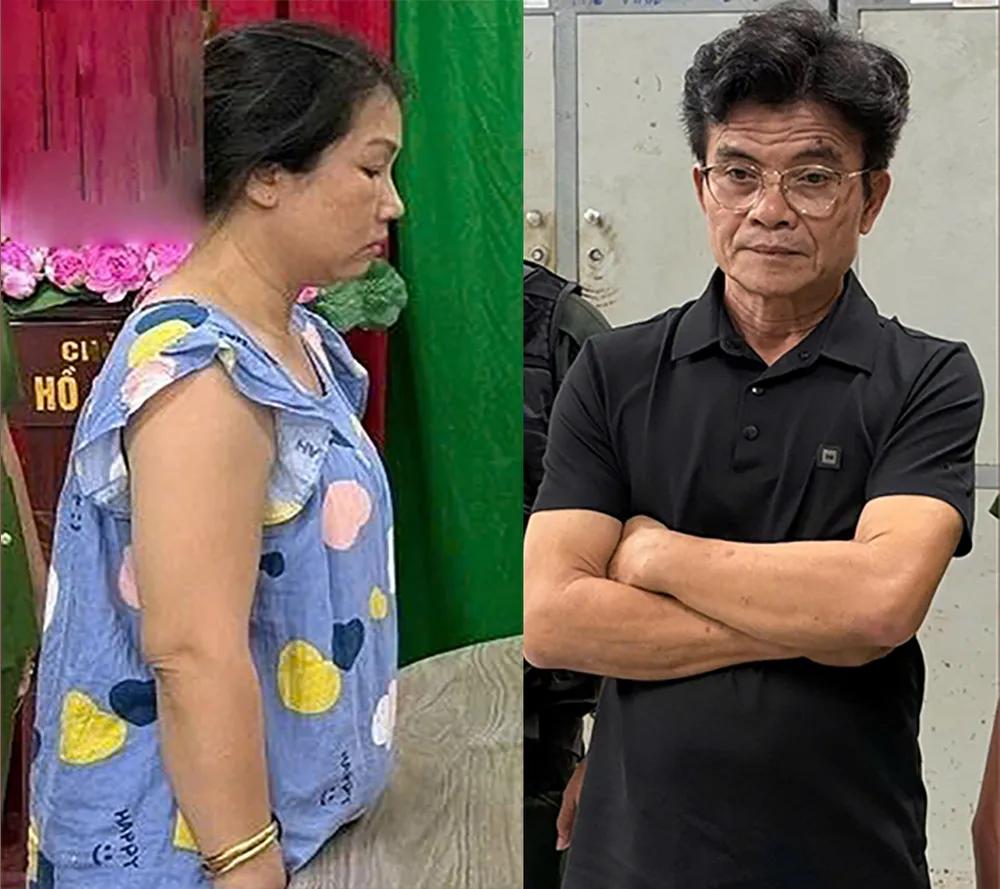 Vợ chồng Tâm và Hồng tại cơ quan điều tra. Ảnh: CA