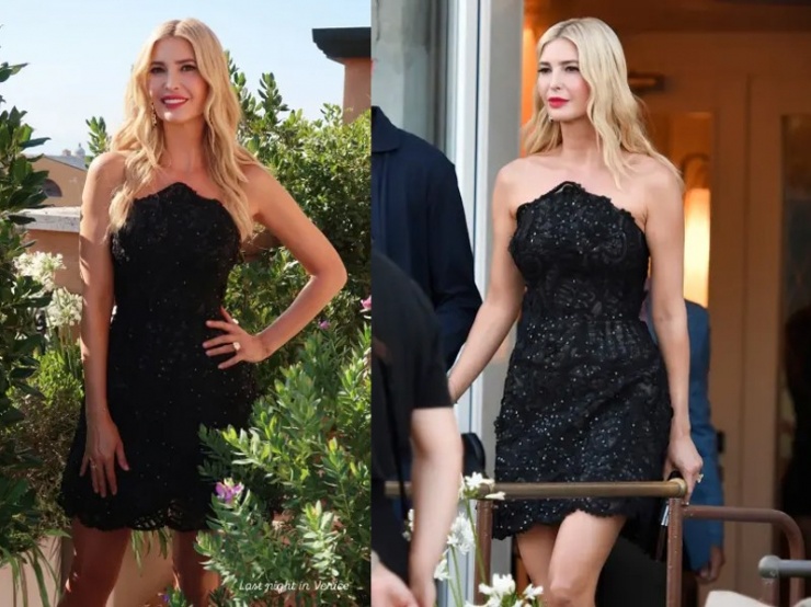 Ở bữa tiệc hậu hôn lễ theo chủ đề đồ ngủ và hóa trang, Ivanka chọn chiếc đầm đen ngắn của Carolina Herrera. Cô kết hợp với clutch ton sur ton, để tóc xoăn xõa và tô son đỏ tươi. Dù phá dresscode, chiếc váy của Ivanka vẫn được khen đẹp và cuốn hút.