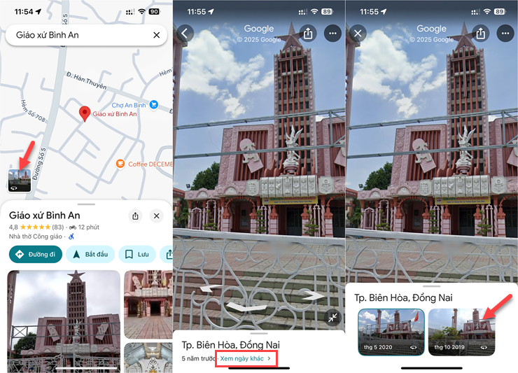 Các bước xem lại địa điểm cũ trên ứng dụng Google Maps di động.