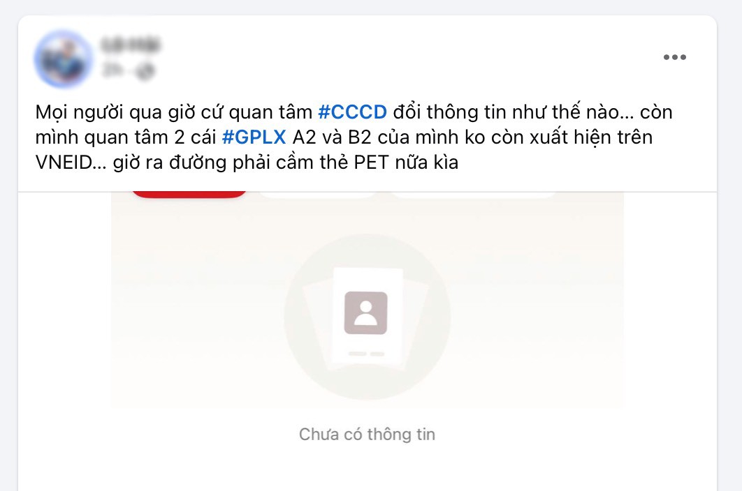 Một người dùng VNeID phản ánh không thể vào ứng dụng để xem giấy phép lái xe.