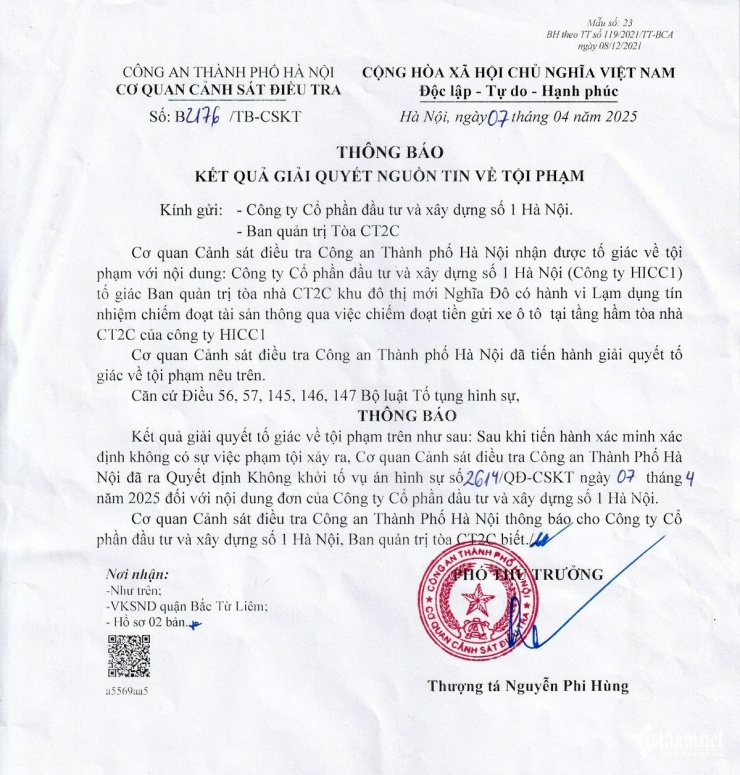 Nội dung thông báo của cơ quan công an trả lời tố cáo, khẳng định không có hành vi phạm tội của Ban quản trị tòa nhà CT2C. Ảnh: Ông Lương Hồng Huyên cung cấp.