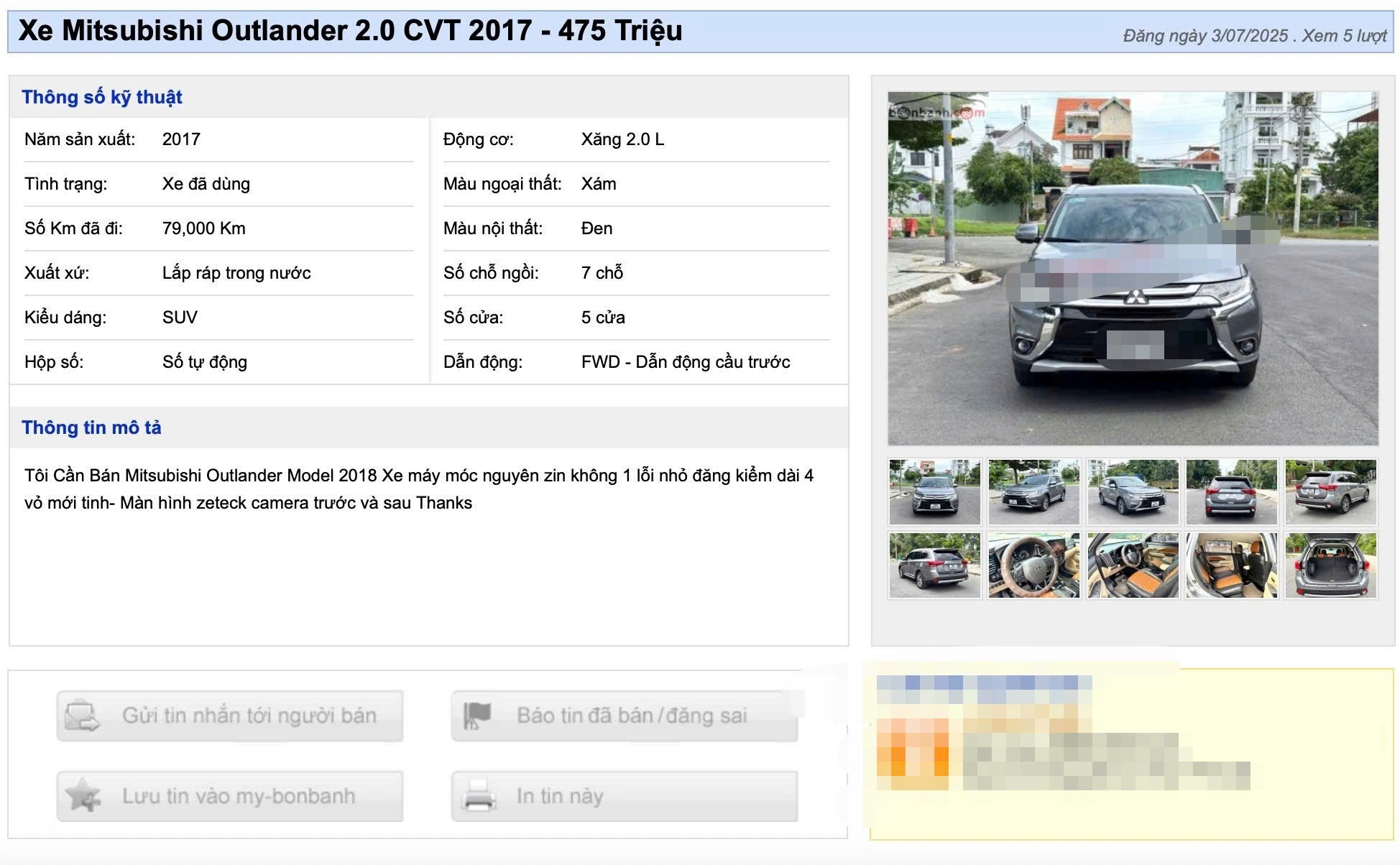 Tin rao bán chiếc Mitsubishi Outlander đời 2017.
