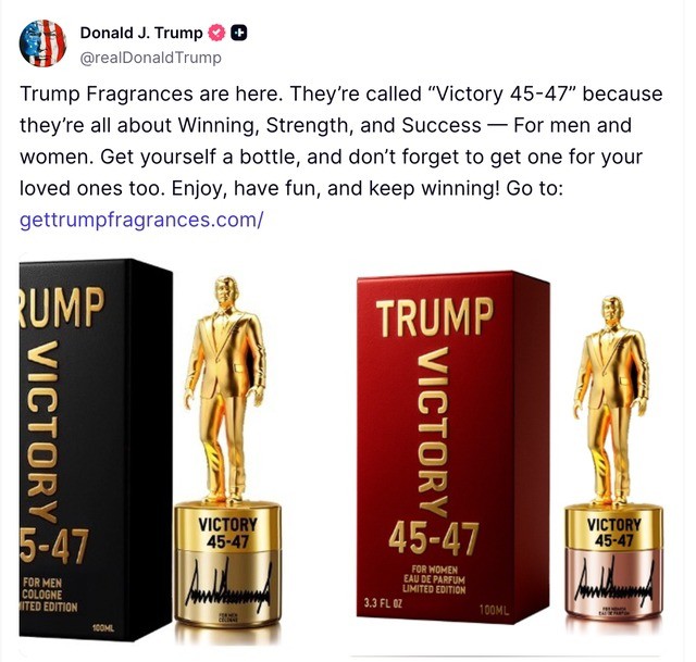 Bằi đăng của ông Trump trên mạng xã hội Truth Social, quảng cáo cho dòng nước hoa giới hạn, lấy cảm hứng từ chiến thắng của hai nhiệm kỳ tổng thống.