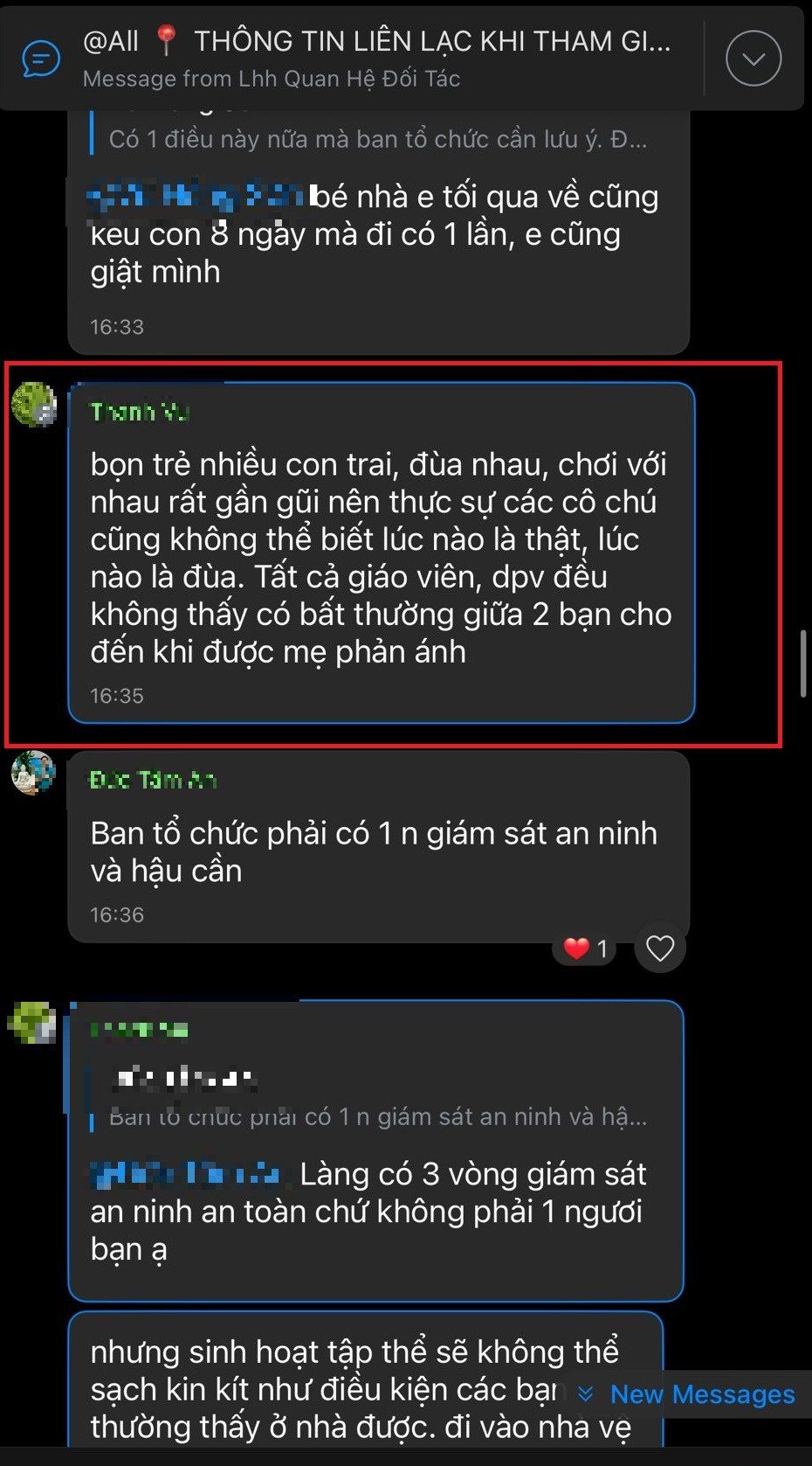 Phần bôi đỏ là nội dung phản hồi của đại diện BTC với phụ huynh.