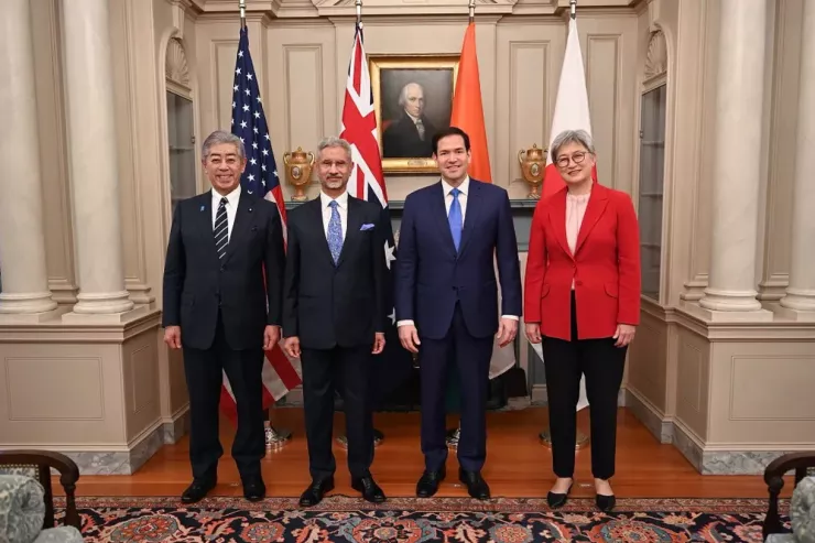 (từ trái sang) Ngoại trưởng Nhật Takeshi Iwaya, Ngoại trưởng Ấn Độ Subrahmanyam Jaishankar, Ngoại trưởng Mỹ Marco Rubio và Ngoại trưởng Úc Penny Wong tại Mỹ hôm 1-7. Ảnh: @SenatorWong/X