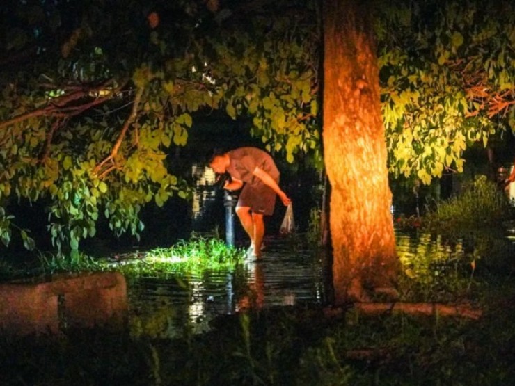 Công viên thành sông sau mưa, người Hà Nội bì bõm bắt cá giữa đêm