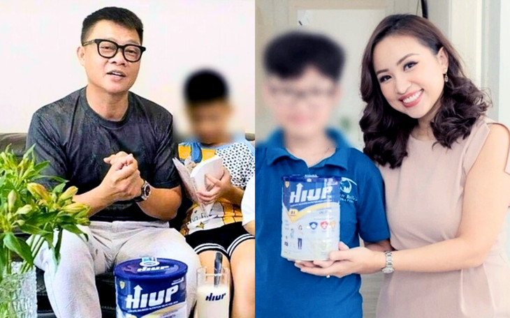 BTV Quang Minh, MC Vân Hugo trong hình ảnh quảng cáo sữa Hiup. Hai người nổi tiếng này bị phạt lần lượt 37,5 và 70 triệu đồng. Ảnh chụp màn hình