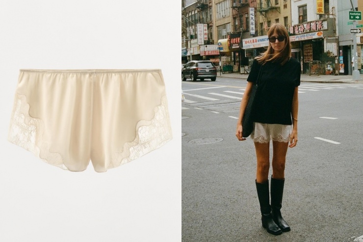 Lấy cảm hứng từ đồ lót và đồ ngủ, nhiều hãng mốt tung ra quần shorts satin đắp ren. Chúng được may hai lớp, dày hơn so với quần ngủ.