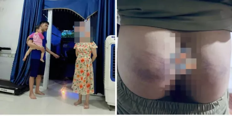 Giáo viên đến nhà phụ huynh phân trần (ảnh trái) đánh học sinh (ảnh phải) vì làm nhầm bài tập. Ảnh chụp từ màn hình