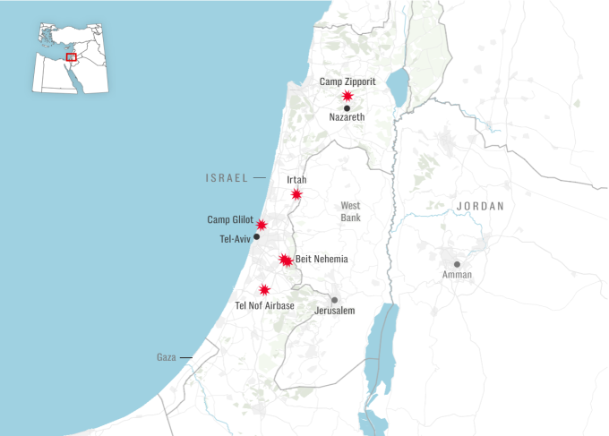 Vị trí các cơ sở quân sự Israel nghi trúng tên lửa Iran trong xung đột 12 ngày. Đồ họa: Telegraph