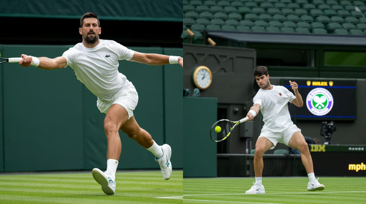 Djokovic (bên trái) và Alcaraz (bên phải) đều thích nghi rất nhanh với điều kiện thi đấu "chậm chạp" ở Wimbledon năm nay