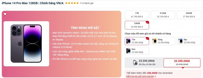 Tính đến tháng 7/2025, iPhone 14 Pro Max đang là chiếc iPhone Pro Max rẻ nhất còn bản fullbox tại Việt Nam.