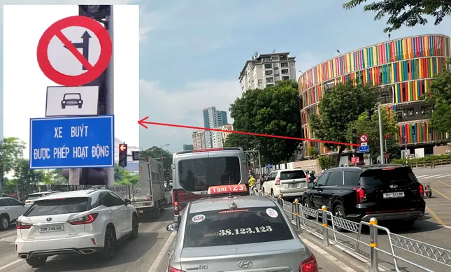Biển báo cấm ô tô đi thẳng, rẽ trái được cắm ở cột gần cốt đèn tín hiệu (ảnh nhỏ) sau khi nhiều xe đã đi vào nút Võ Chí Công - Xuân La.