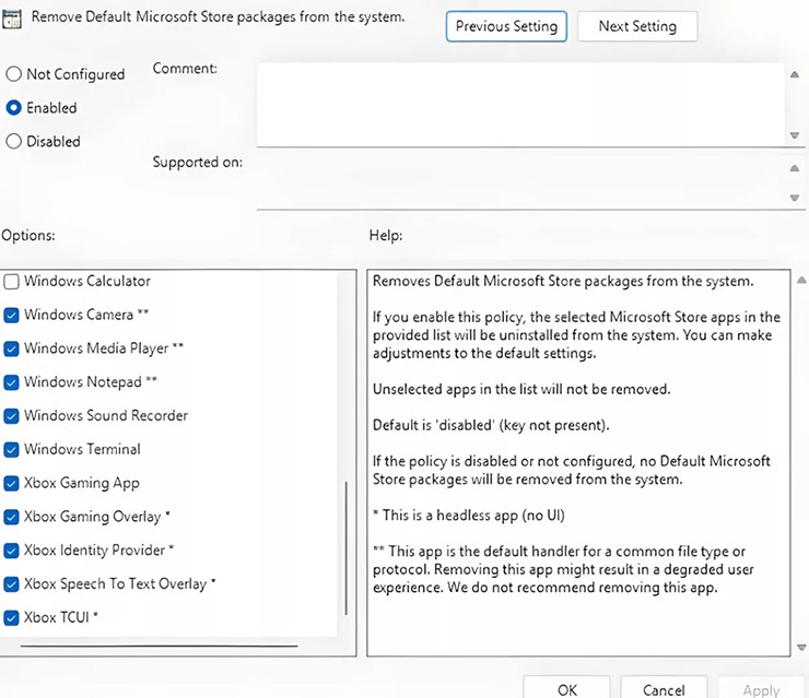 Giao diện của tính năng&nbsp;Remove Default Microsoft Store Packages có trên Windows 11 25H2.