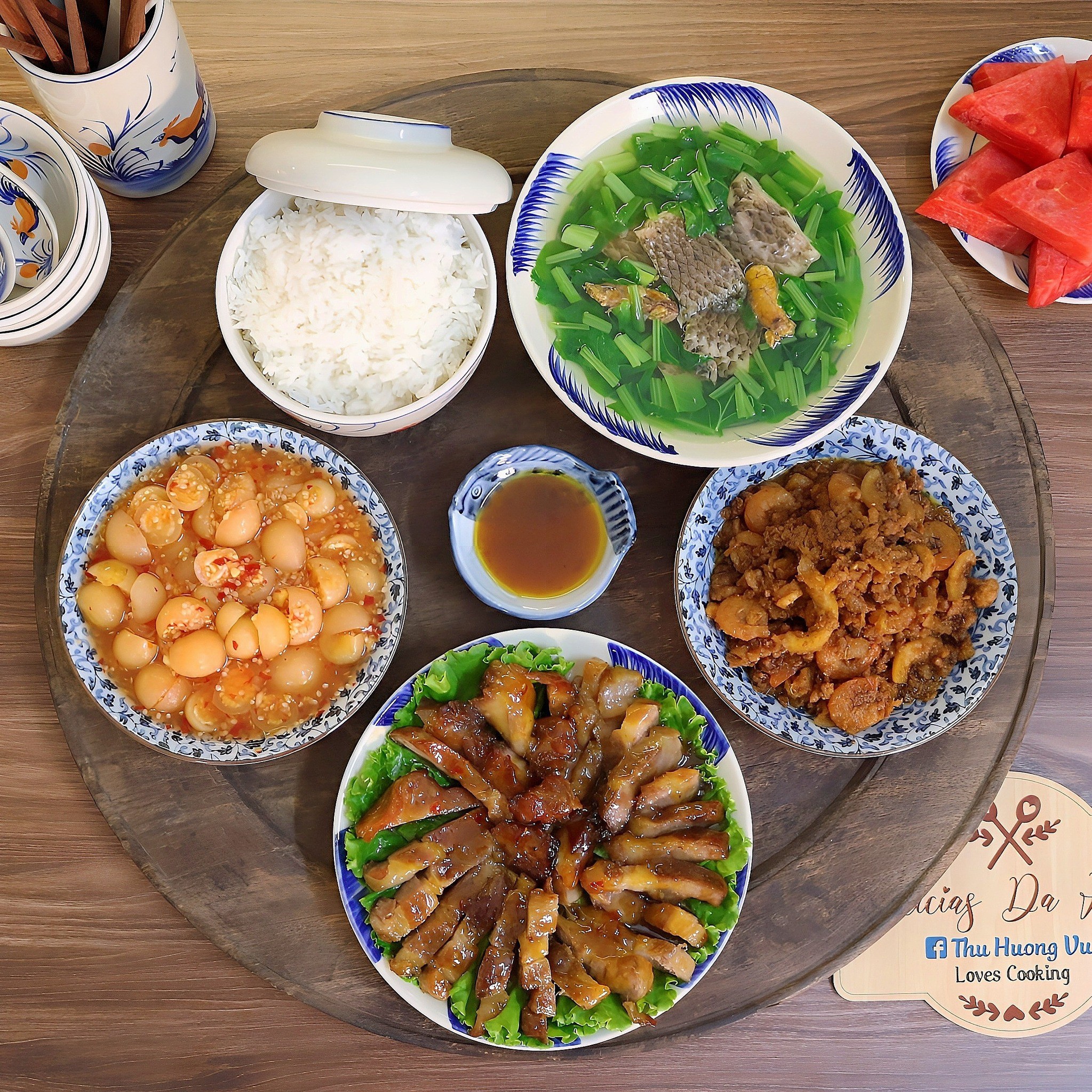 Thịt ram sốt chanh leo - Mắm tép chưng tôm thịt - Canh cá rô đồng nấu rau cải - Cà pháo dầm
