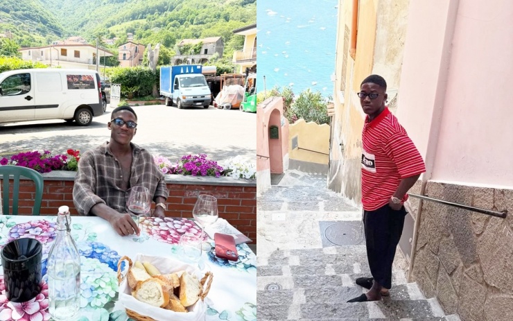 Kobbie Mainoo - tiền vệ 20 tuổi của Man Utd - dành phần lớn thời gian nghỉ hè ở thị trấn Positano, Italy. Anh liên tục lăng xê họa tiết kẻ, từ sơ mi đến áo thun. Ảnh: Instagram Kobbie