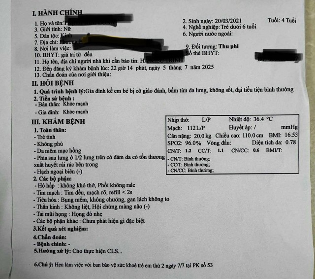 Kết quả kiểm tra tình trạng của cháu L. tại bệnh viện.