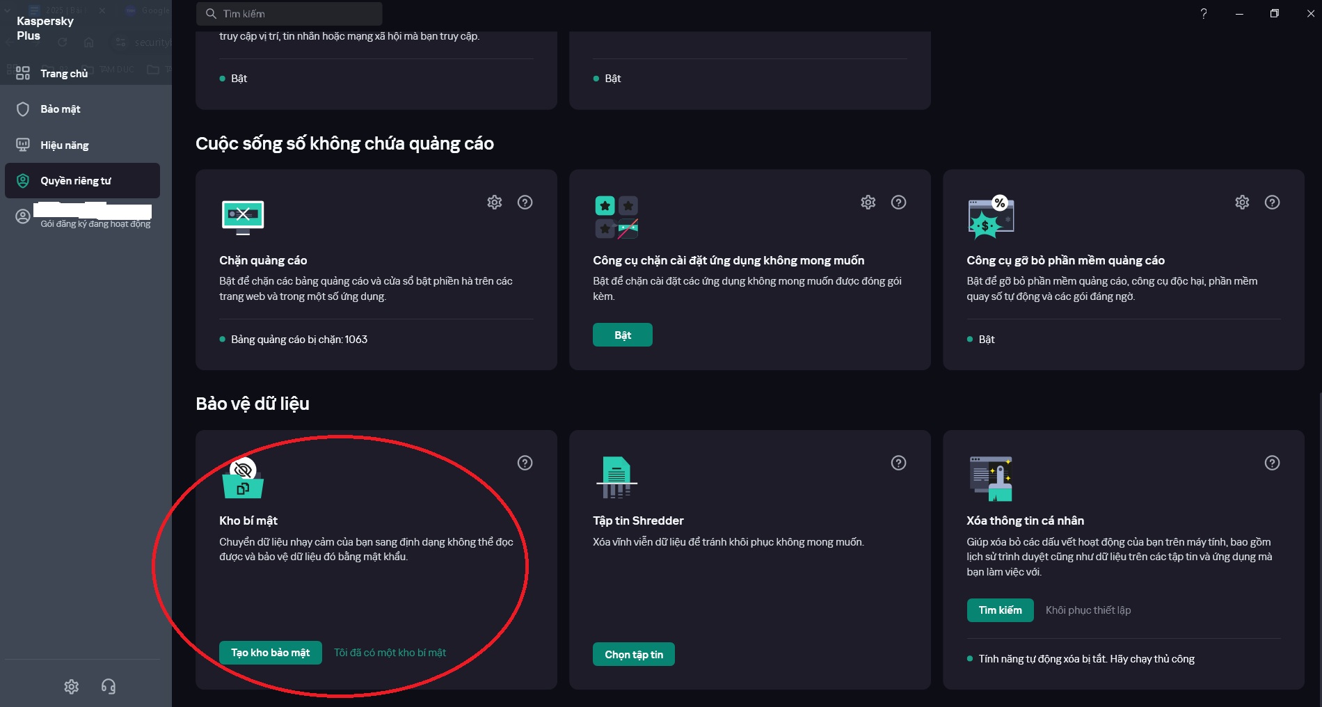Tính năng "Kho bí mật" trên Kaspersky.