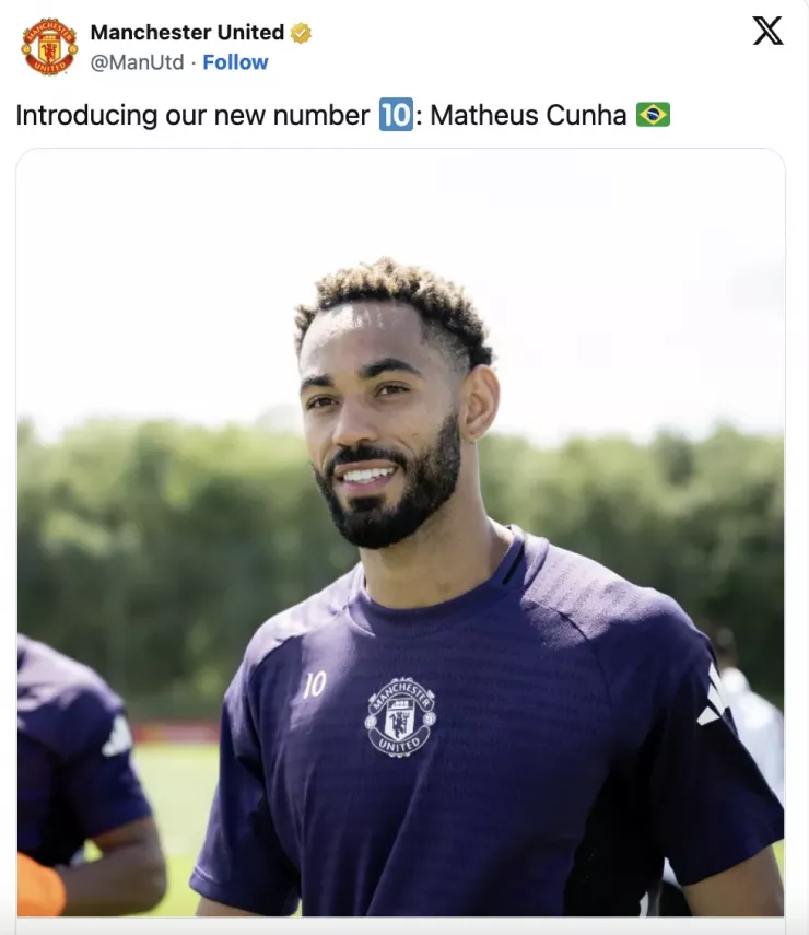 MU đối xử tàn bạo với Rashford khi MU chính thức đăng thông tin xác nhận Cunha mặc áo số 10. ẢNH CHỤP MÀN HÌNH MẠNG XÃ HỘI X CỦA MANCHESTER UNITED