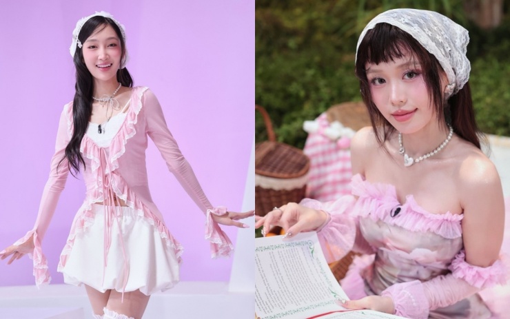 Juky San (trái) và Han Sara chọn phong cách đồng điệu gồm váy áo sắc hồng, phối cùng tất, mũ ren.