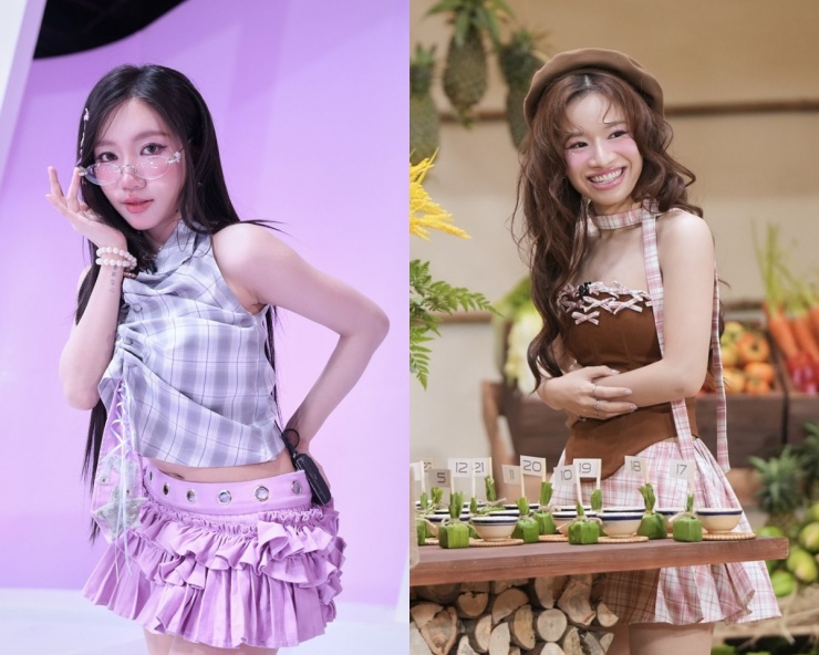 Ca sĩ Orange (trái) và Lâm Bảo Ngọc chọn thiết kế họa tiết caro.