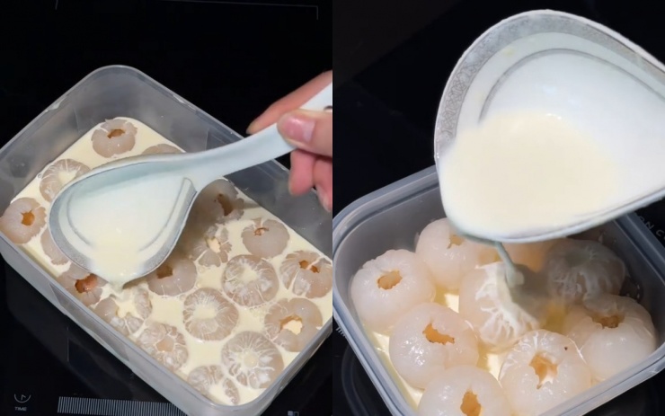 Bạn xếp cùi vải vào hộp hoặc khuôn tùy thích. Rót hỗn hợp sữa còn nóng lên trên cho ngập phần vải. Để nguội bớt rồi cho vào ngăn mát tủ lạnh 4 – 6 tiếng cho đông lại hoàn toàn.