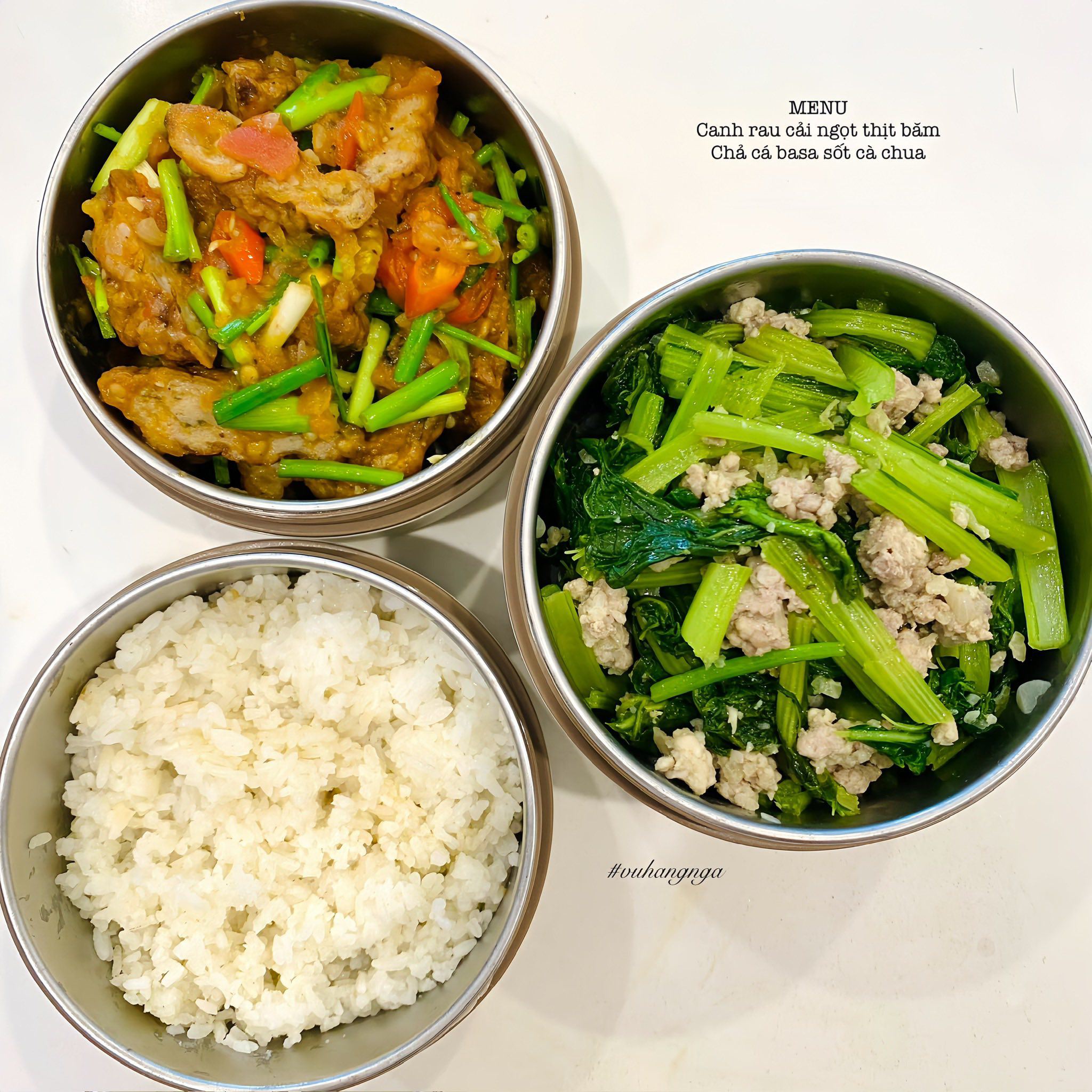 Chả cá ba sa sốt cà chua - Canh rau cải thịt băm