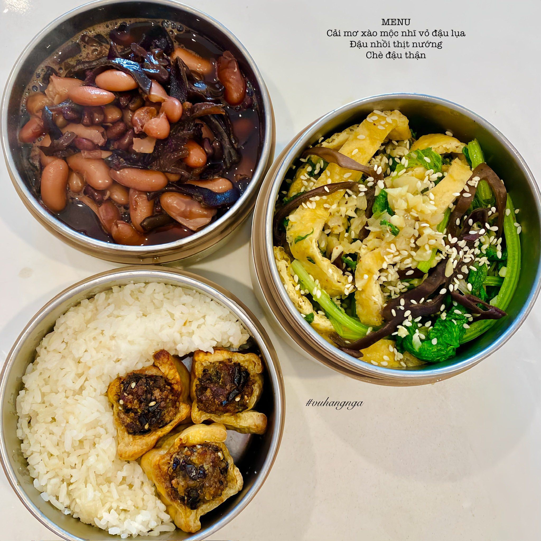 Cải xanh xào mộc nhĩ, đậu lụa - Đậu nhồi thịt nướng - Canh đậu thận