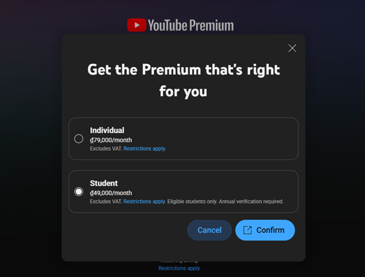 Gói YouTube Premium cho sinh viên có giá rẻ hơn.
