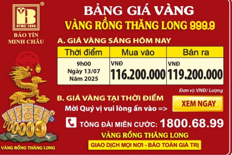 Giá Vàng Rồng Thăng Long- Bảo Tín Minh Châu ngày 13.07.2025