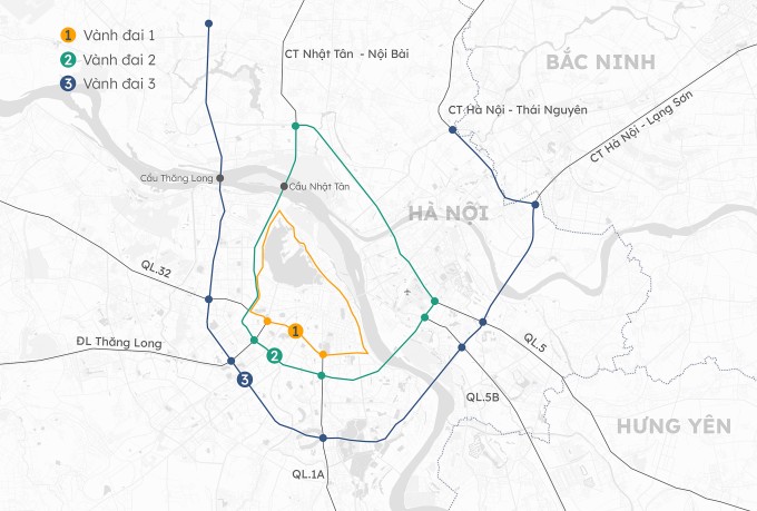 Vành đai 1, 2, 3 tại Hà Nội. Đồ họa: Khánh Hoàng