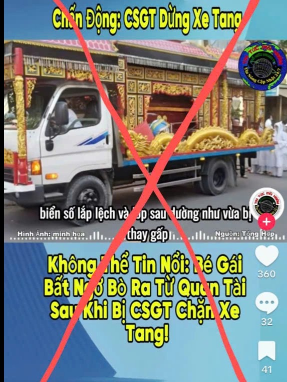 Thông tin có nội dung âm thanh với lời dẫn "CSGT dừng xe tang giữa đường, bé gái bất ngờ chui ra từ quan tài" được chia sẻ trên các diễn đàn mạng xã hội Facebook, Tiktok
