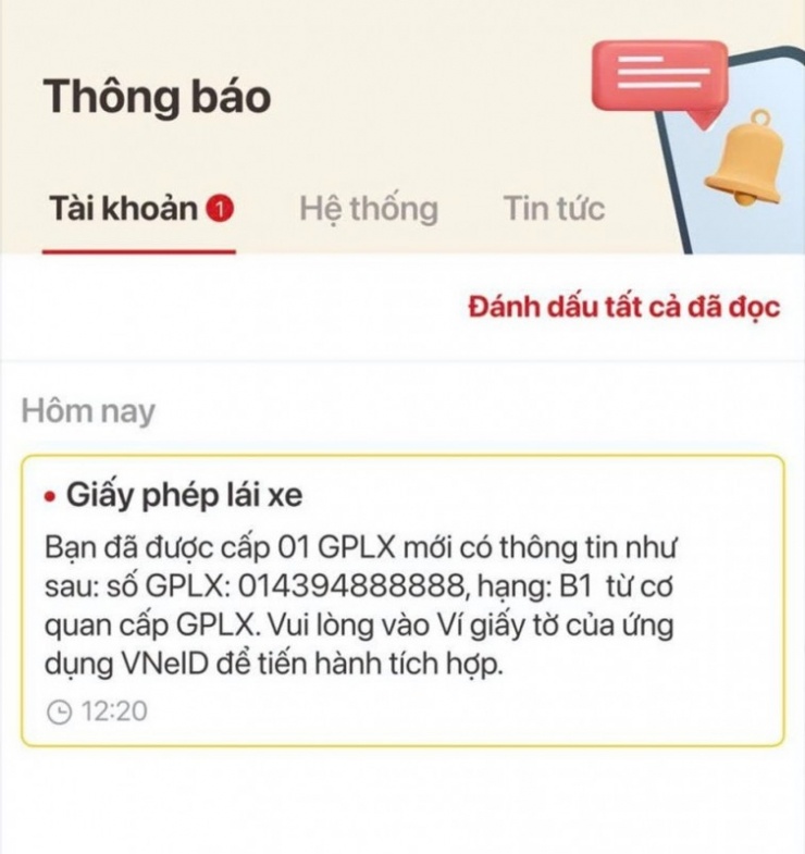 Thông báo cập nhật GPLX trên VNeID.