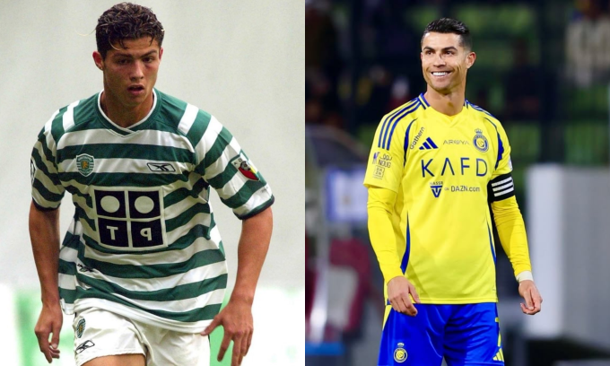 C. Ronaldo trong màu áo Sporting CP lúc 17 tuổi và chơi cho Al Nassr ở tuổi 40. Ảnh: Rex, Al Nassr
