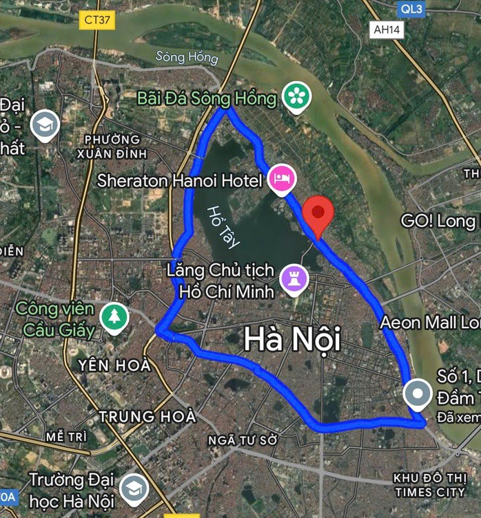 Phạm vi tuyến Vành đai 1 - các tuyến đường ở Hà Nội dự kiến sẽ cấm xe máy chạy xăng kể từ 1-7-2026. Ảnh: Văn Duẩn/Googlemaps