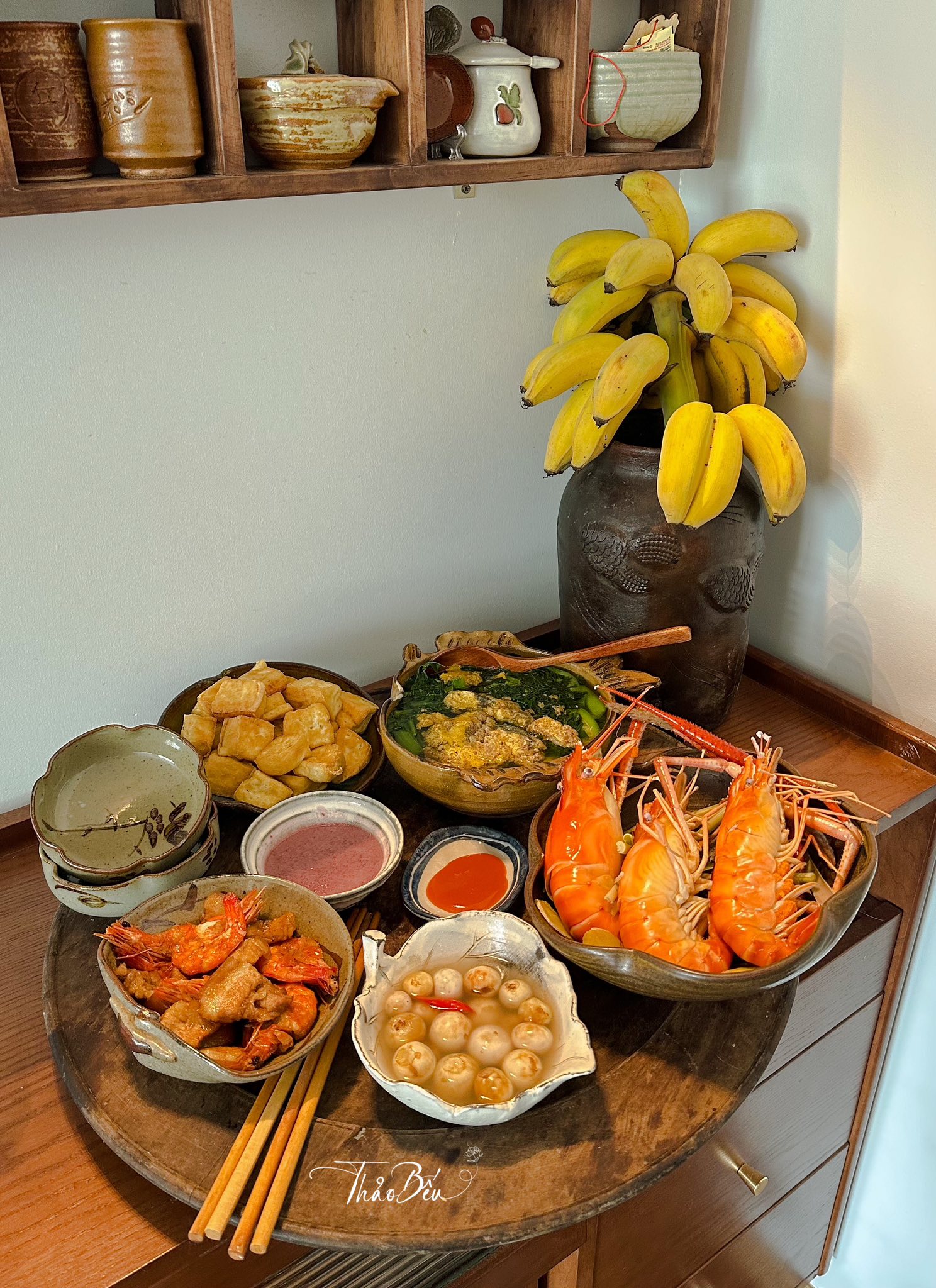 Canh cua - Cà muối - Đậu rán - Tôm rang thịt - Tôm càng xanh hấp nước dừa