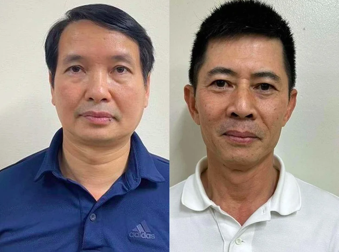 Bị can Phạm Thái Hà (trái, cựu trợ lý nguyên chủ tịch Quốc hội) và Nguyễn Duy Hưng, chủ tịch Tập đoàn Thuận An, tại cơ quan điều tra. Ảnh: Bộ Công an